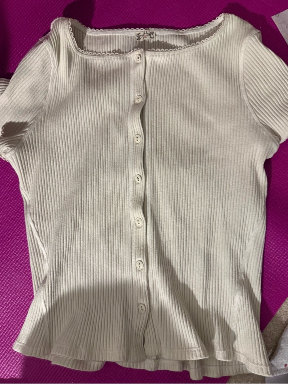 Free People White Ribbed Short Sleeve Button Front Tee